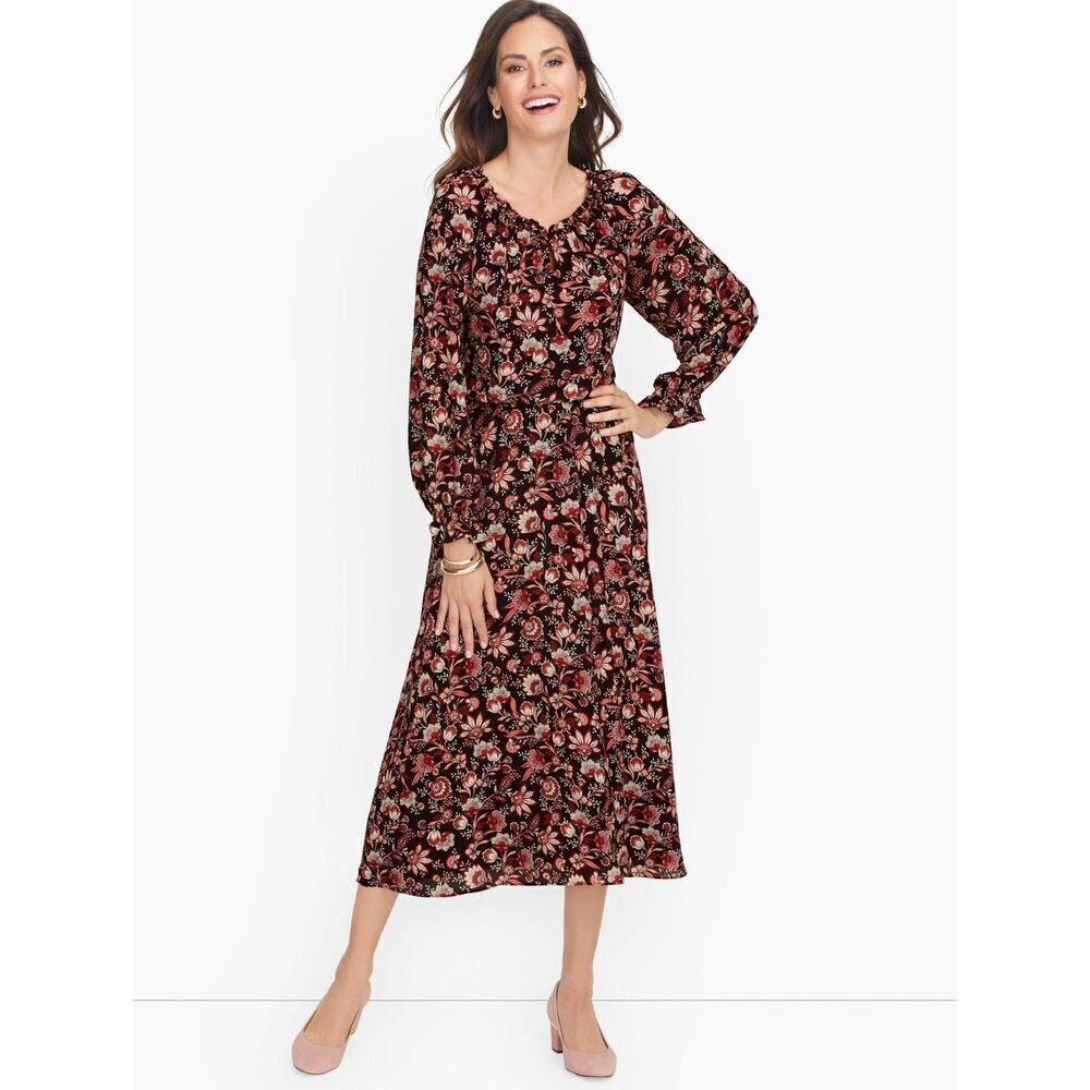 Talbots Black Brown Red Floral Print Braclet Sleeve Autumn Garden Midi Dress LP